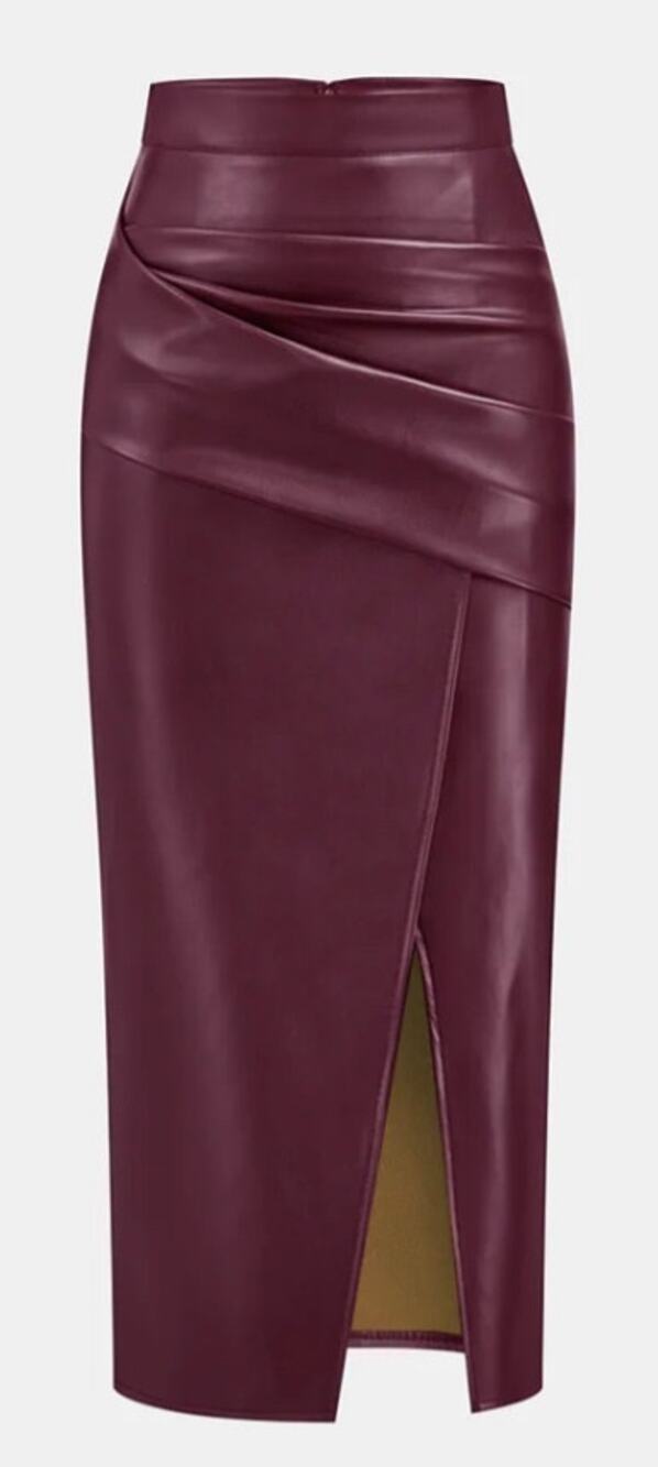 NWT Commense Ruched Slit PU Leather Midi Skirt | Burgundy | Small